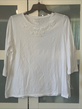 Talbots White Round Neck Long Sleeve Top with Beaded Detail